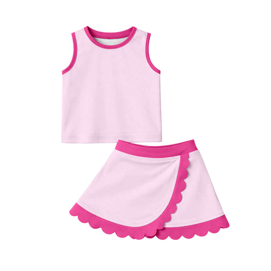 ( Moq 5 ) Preorder Baby Girls Kids Shirt Scallop Skirt Shorts Yoga Active Pink Set Clothes