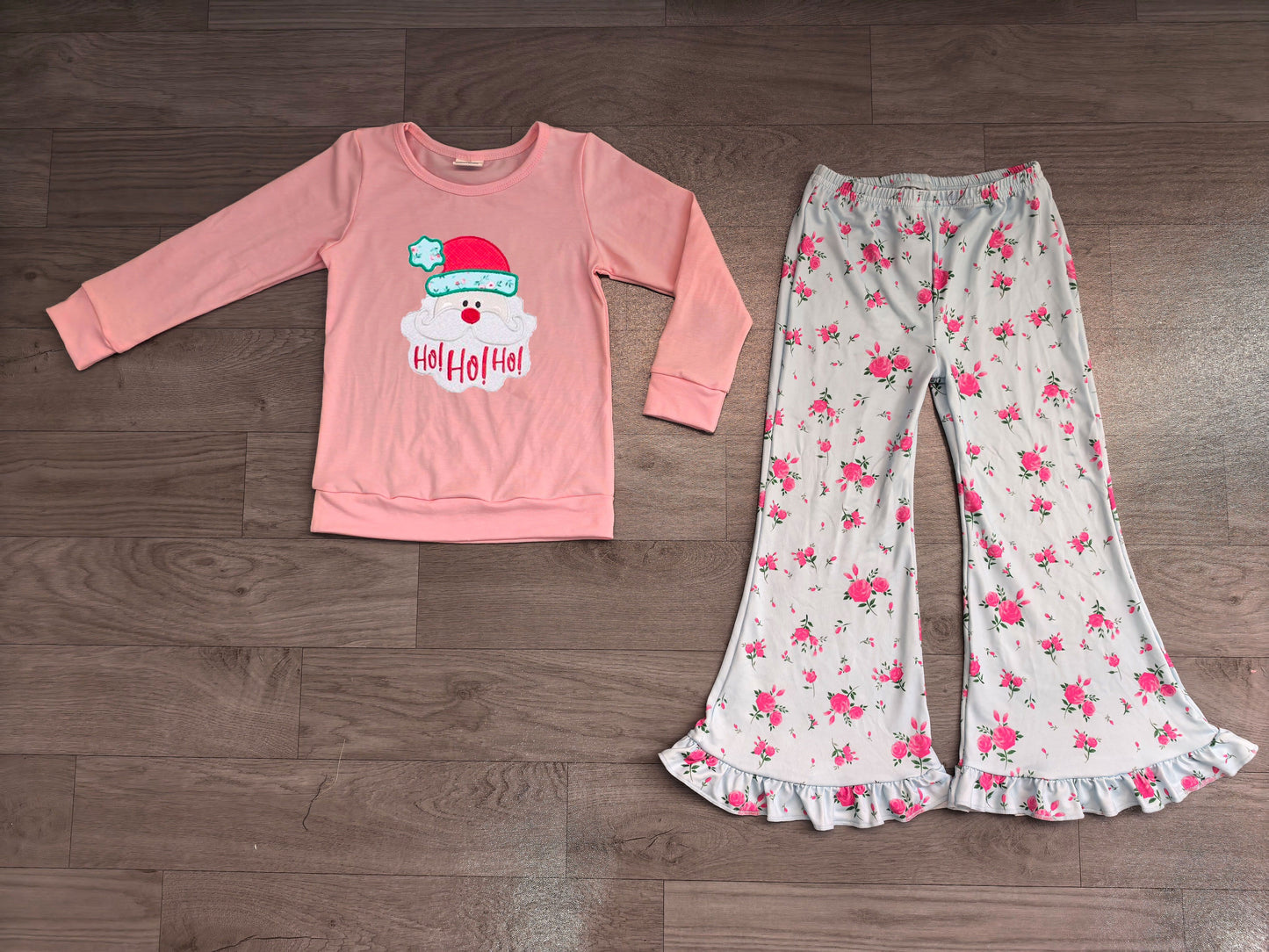 ( No moq ) Preorder Baby Girls Kids Embroidery Christmas Santa Tops Flower Pants Set Clothes