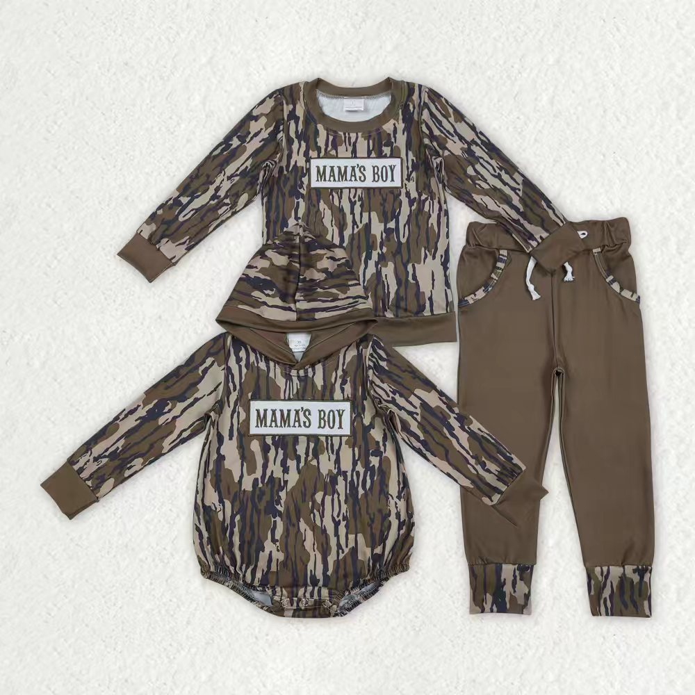 Sibling Baby Boys Kids Long Sleeves Embroidery Mama's Boy Camo Romper Set RTS