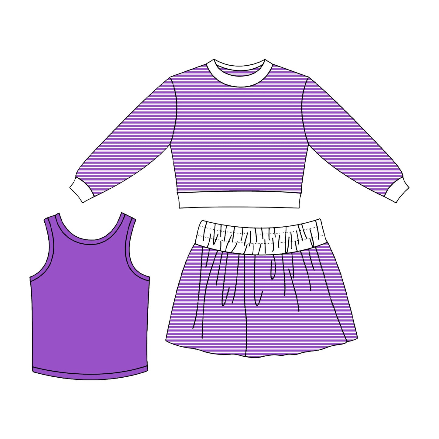 ( Moq 5 ) Preorder Baby Girl Kids Purple Tops Skirt Shorts Three Pieces Stripes Set Yoga Active Clothes