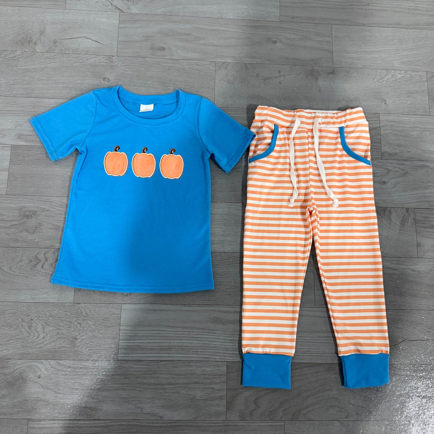 ( No moq ) Preorder Baby Boys Kids Embroidery Pumpkins Blue Shirt Pockets Stripes Pants Fall Set Clothes