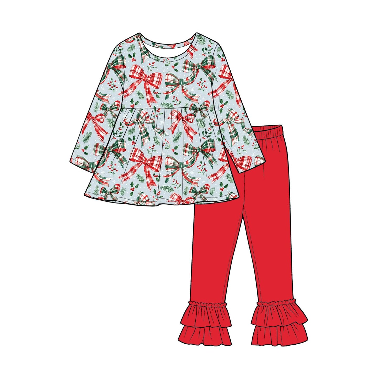 ( Moq 5 ) Preorder Baby Girls Kids Long Sleeves Bows Christmas Shirt Red Pants Set Clothes