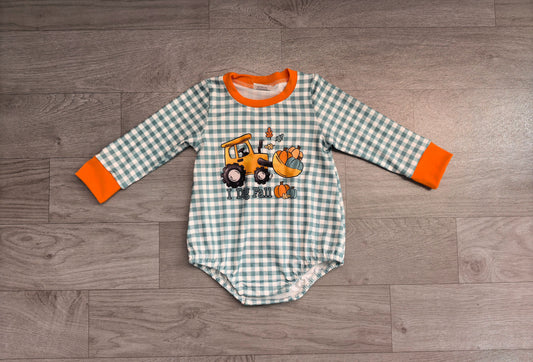 ( No moq ) Preorder Baby Boys Infant Long Sleeves Pumpkins Tractor Plaid Fall Bubble Romper Clothes
