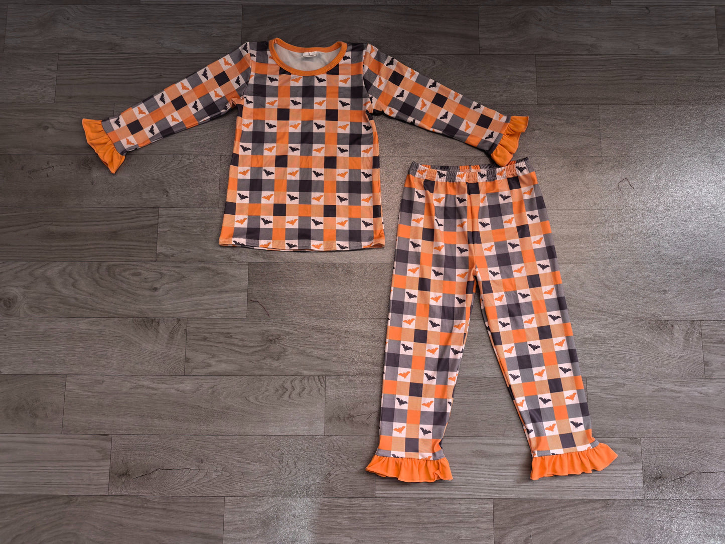 ( No moq ) Preorder Baby Girls Kids Bats Plaid Shirt Pants Halloween Set Pajamas Clothes