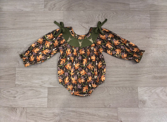 ( No moq ) Preorder Girls Infant Long Sleeves Embroidery Deer Camo Bows Bubble Romper