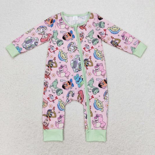 Baby Girl Infant Long Sleeves Toys Animals Zipper Pink Bamboo Romper