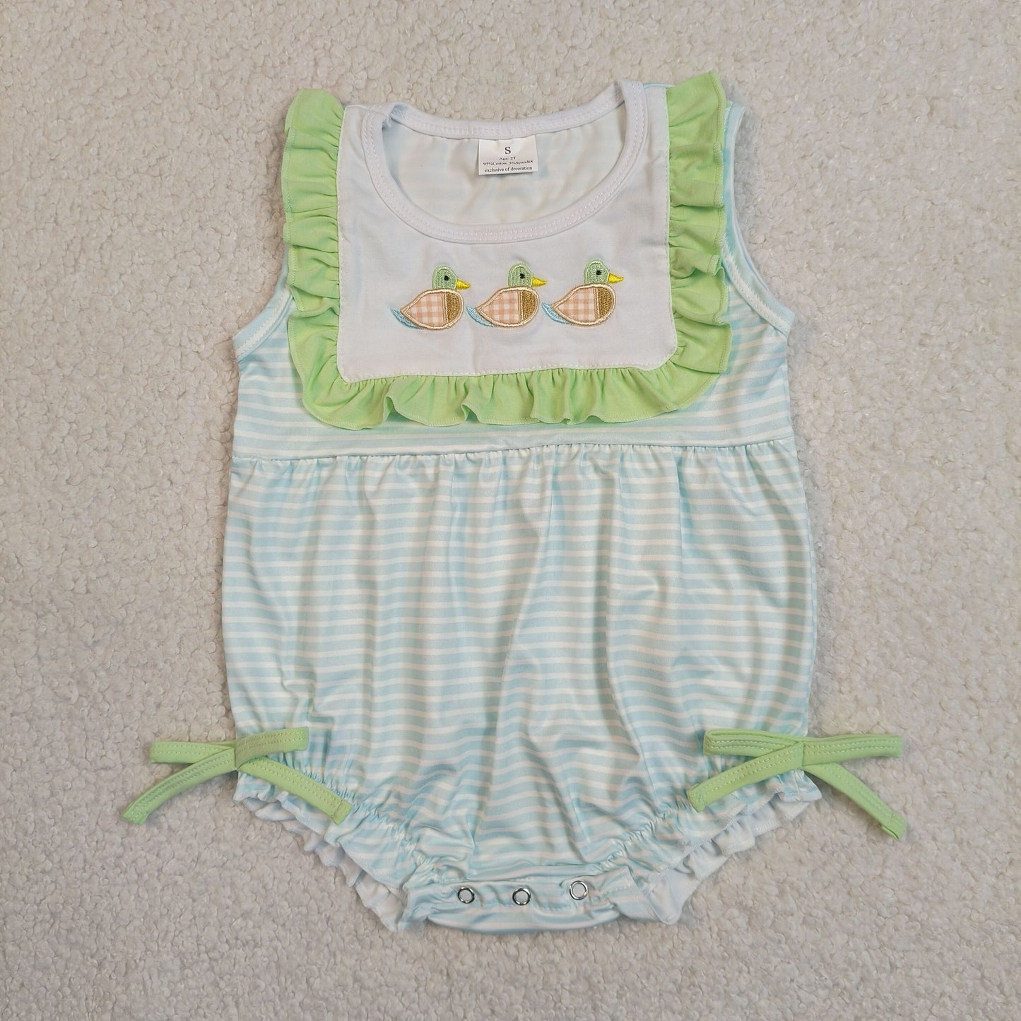 Baby Girls Infant Embroidery Ducks Blue Stripes Bubble Bows Romper RTS