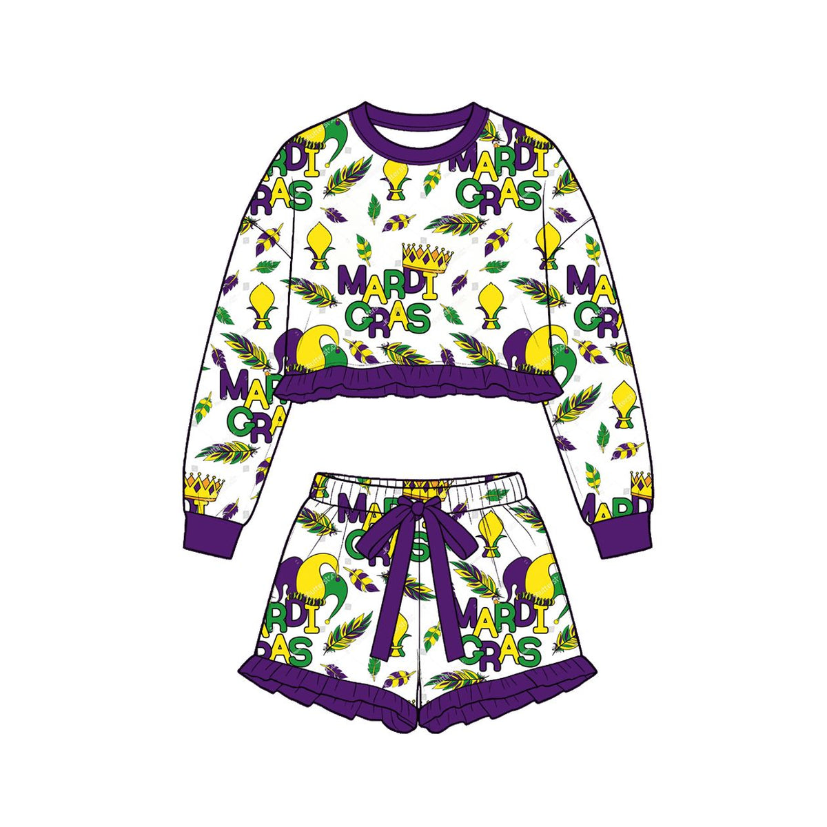 ( Moq 5 ) Preorder Baby Girls Kids Long Sleeves Hats Shirt Shorts Set Mardi Gras Clothes