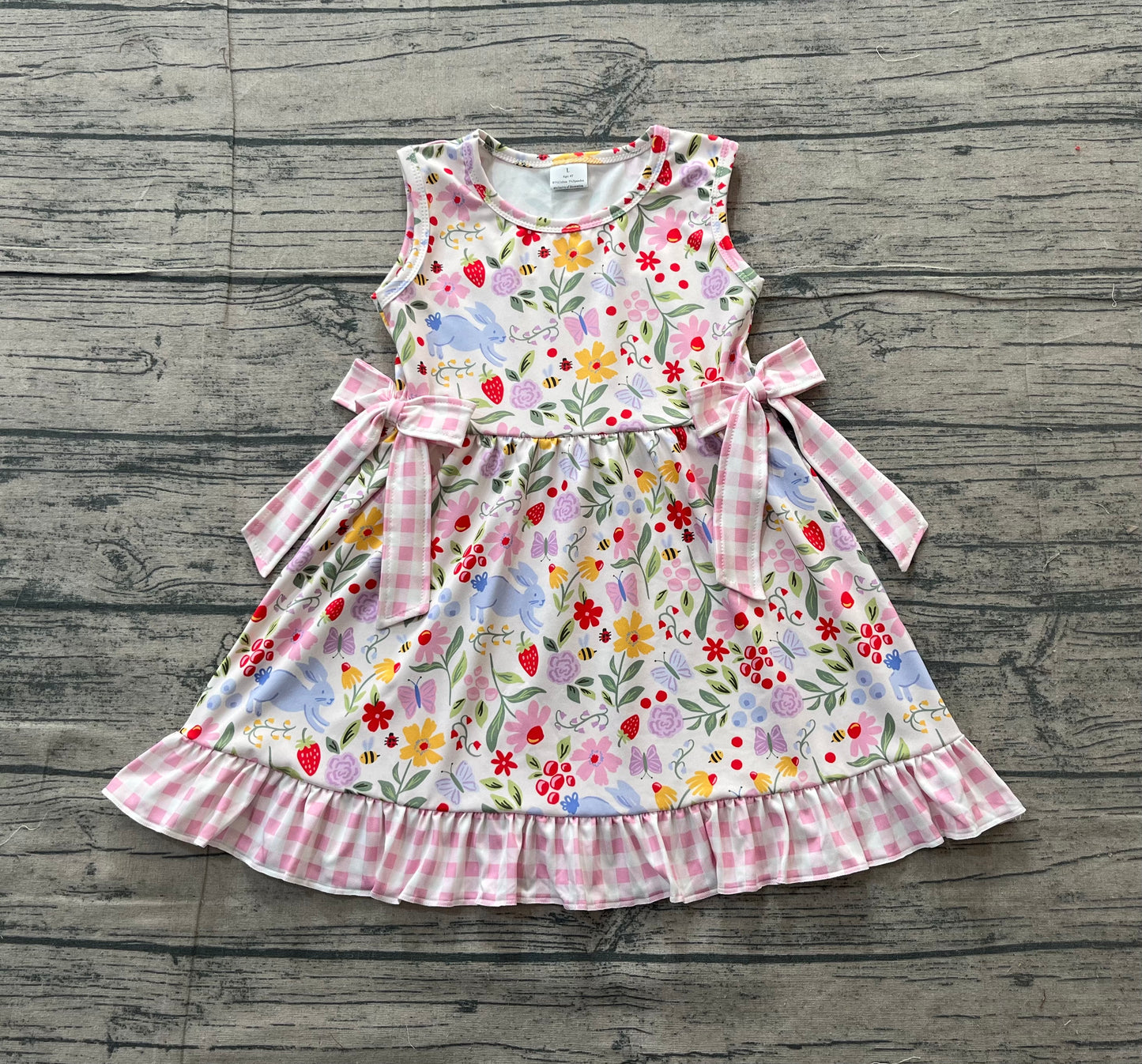 Baby Girls Rabbits Flower Bows Easter Plaid Ruffle Knee Length Dress RTS