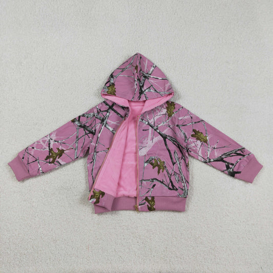 Baby Girls Long Sleeves Southern Leaves Camo Zipper Pockets Pink Hoodie Jackets Coat RTS