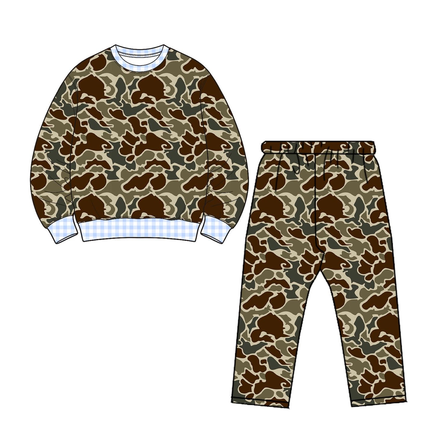 ( Moq 5 ) Preorder Baby Boys Kids Long Sleeves Plaid Pullover Camo Pants Set Clothes