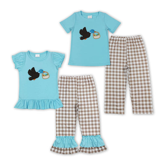 Baby Boy Girl Easter Embroidery Duck Egg Blue Shirt Plaid Pants Sibling Clothes Set