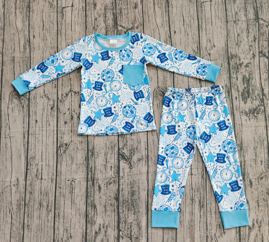 Boys Kids Long Sleeves Shirt Pants Happy New Year Blue Pajamas Set RTS