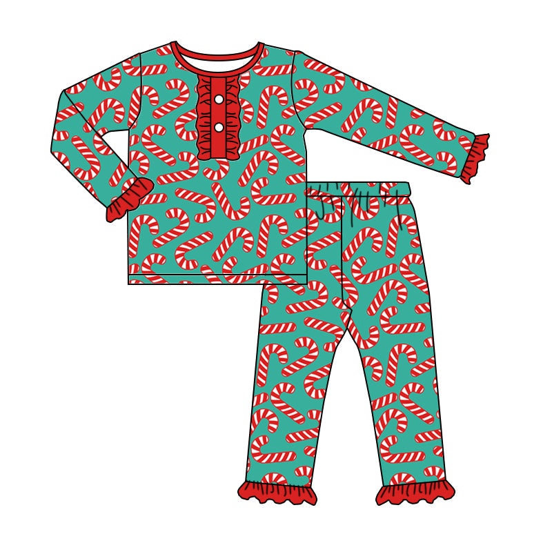 Baby Girl Christmas Candy Cane Shirt Ruffle Pants Pajamas Set