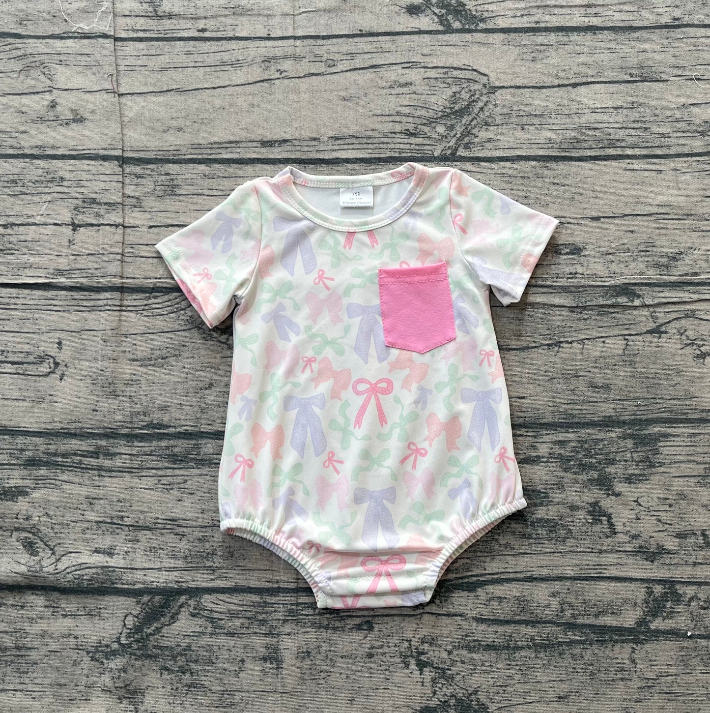 Baby Girls Infant Short Sleeves Bows Pocket Bubble Romper RTS