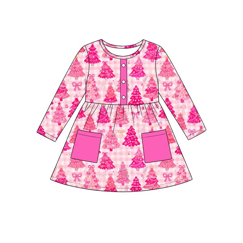 ( Moq 5 ) Preorder Baby Girls Kids Tree Bows Plaid Pockets Christmas Pink Dress Clothes