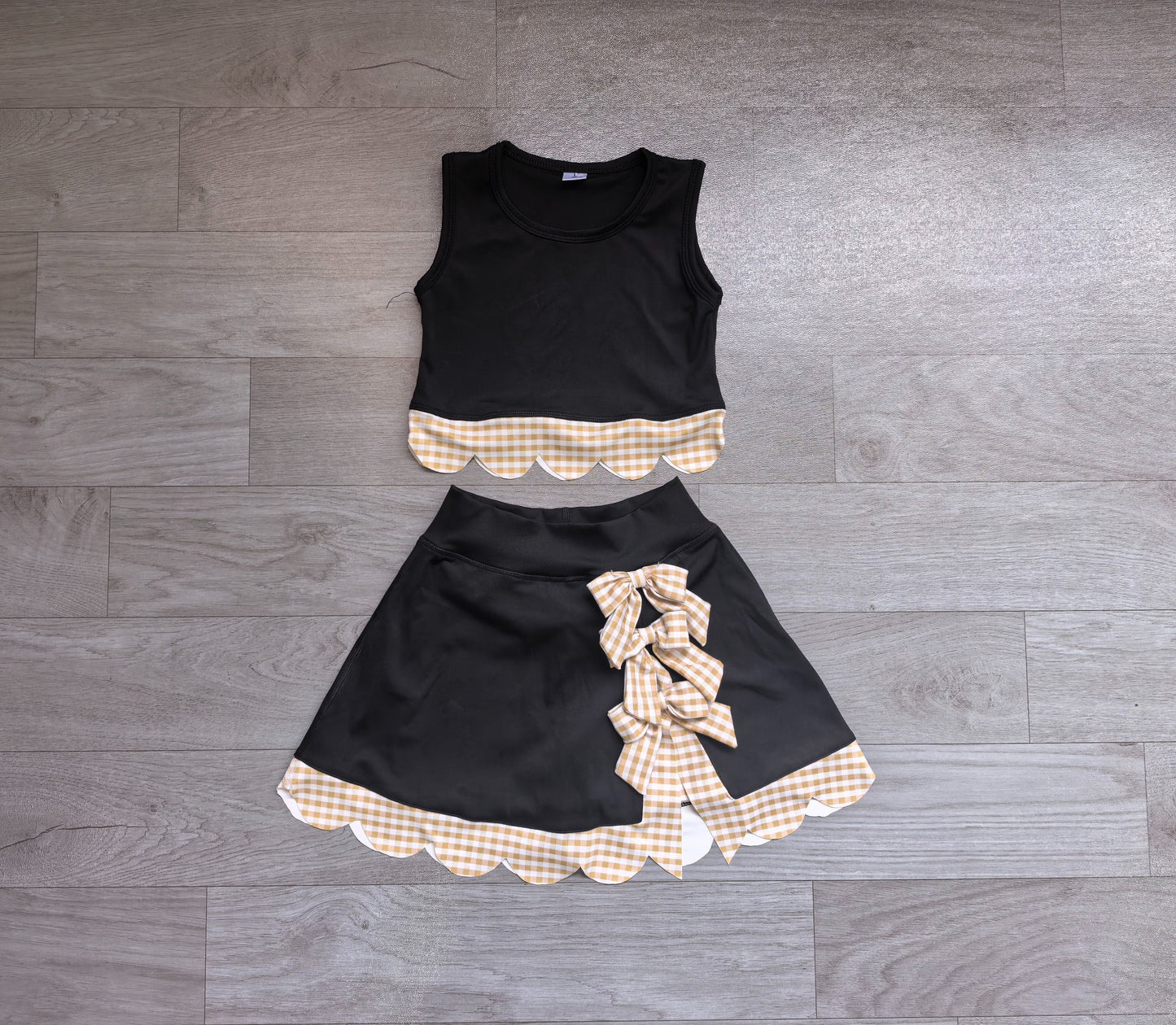 ( No moq ) Preorder Baby Girls Kids Scallop Black Shirt Bows Skirt Shorts Set Yoga Active Clothes