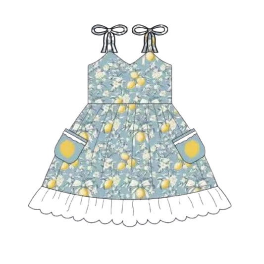 ( Moq 5 )  Preorder Baby Girls Kids Straps Lemons Pockets Knee Length Dress Summer Clothes