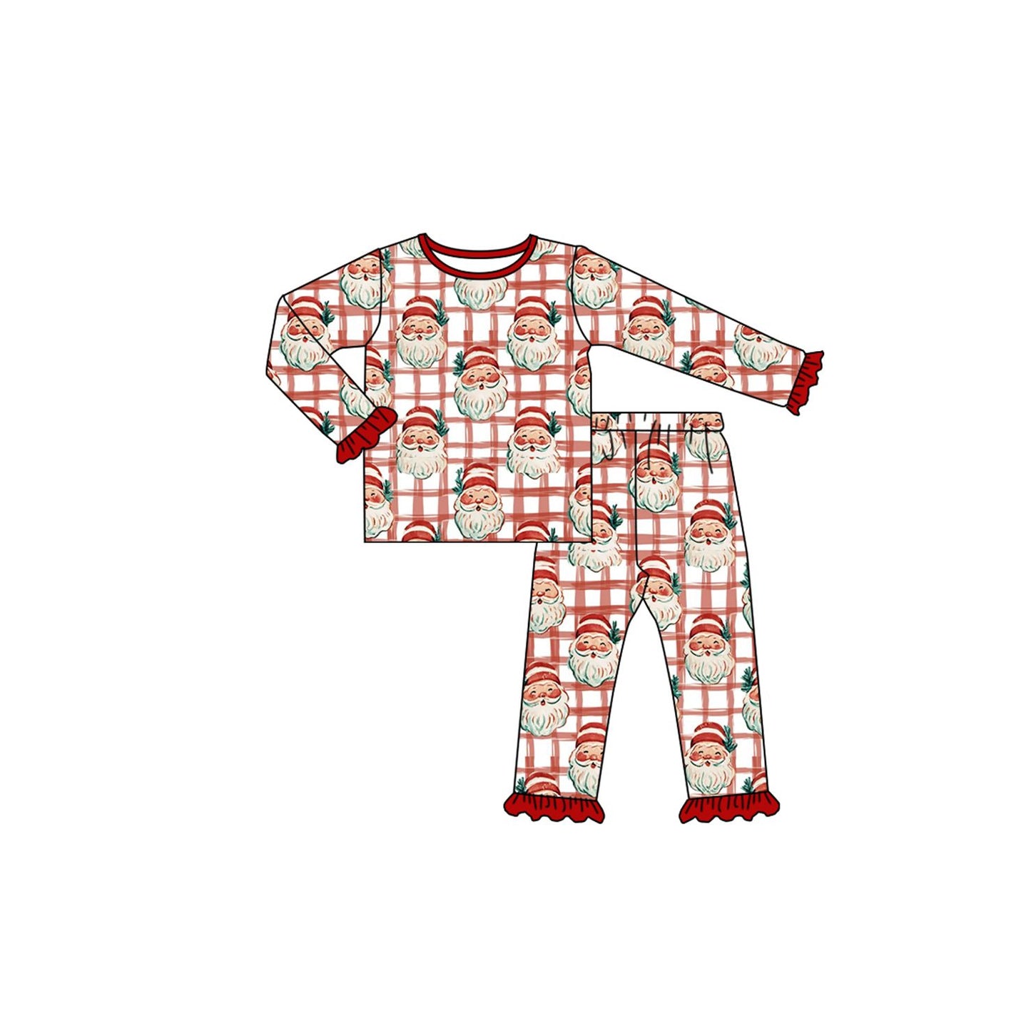 ( Moq 5 ) Preorder Baby Girls Kids Long Sleeves Christmas Santa Plaid Shirt Pants Set Pajamas Clothes