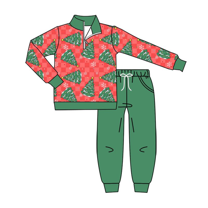 ( Moq 5 ) Preorder Baby Boy Kids Christmas Tree Plaid  Zipper Shirt Green Pockets Pants Set Clothes