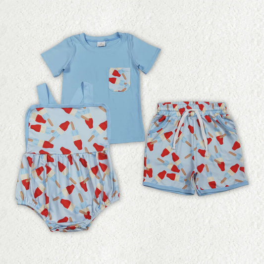 Baby Boys Kids Popsicles 4th of July Blue Bubble Romper Set Clothes RTS
