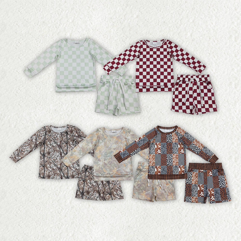 Sibling Baby Girls Kids Long Sleeves Camo Plaid Shirts Shorts Pajamas Sets Clothes RTS