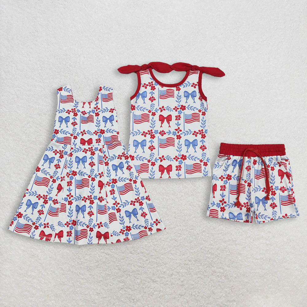 Sibling Baby Girls Kids Sleeveless Flags Bows Flower Shorts Dress Set 4th of July Clothes RTS