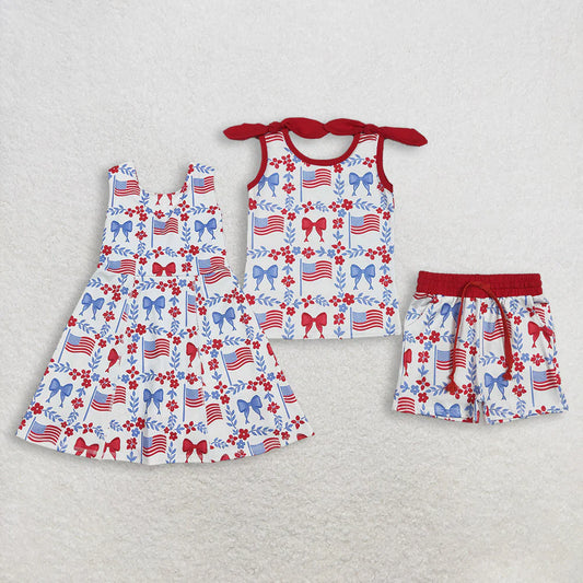 Sibling Baby Girls Kids Sleeveless Flags Bows Flower Shorts Dress Set 4th of July Clothes RTS