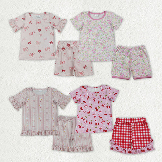 Sibling Baby Girls Kids Short Sleeves Flower Bows Shirts Shorts Sets Pajamas Clothes RTS