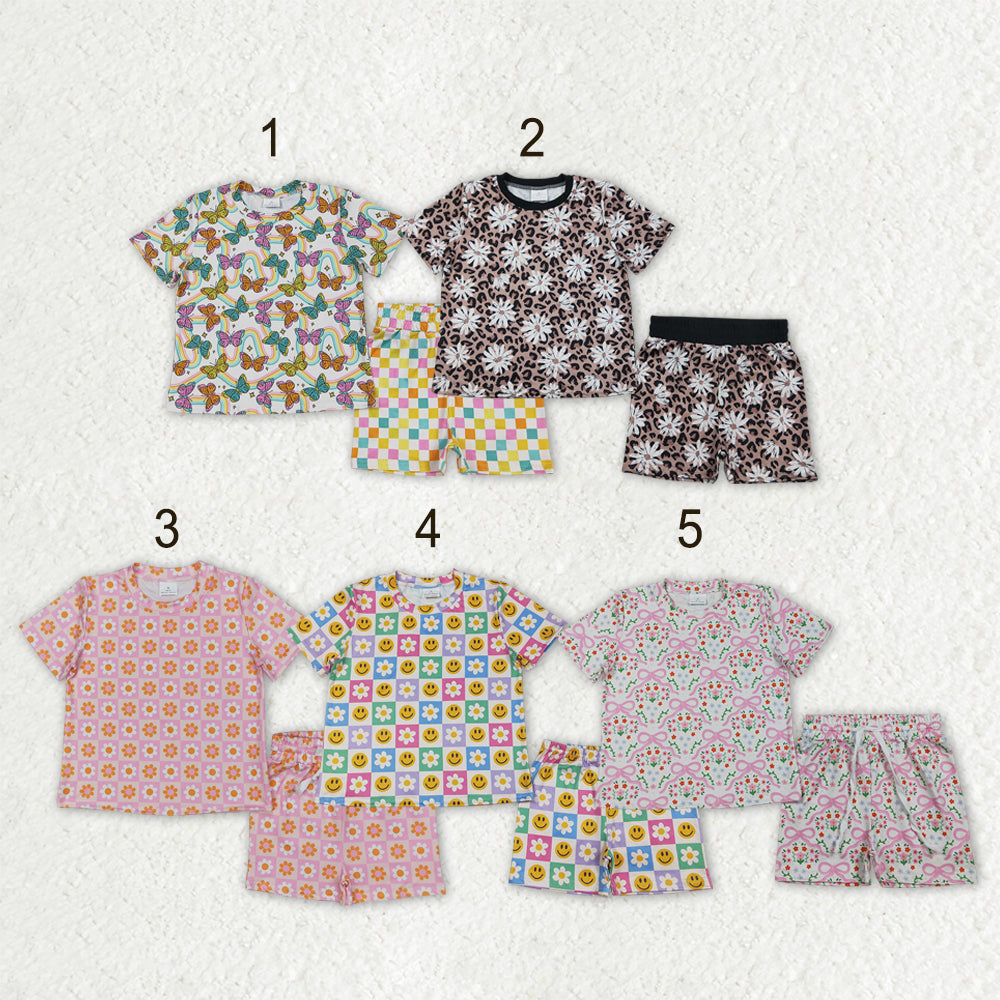 Sibling Baby Girls Kids Short Sleeves Flower Shirts Shorts Sets Summer Clothes RTS