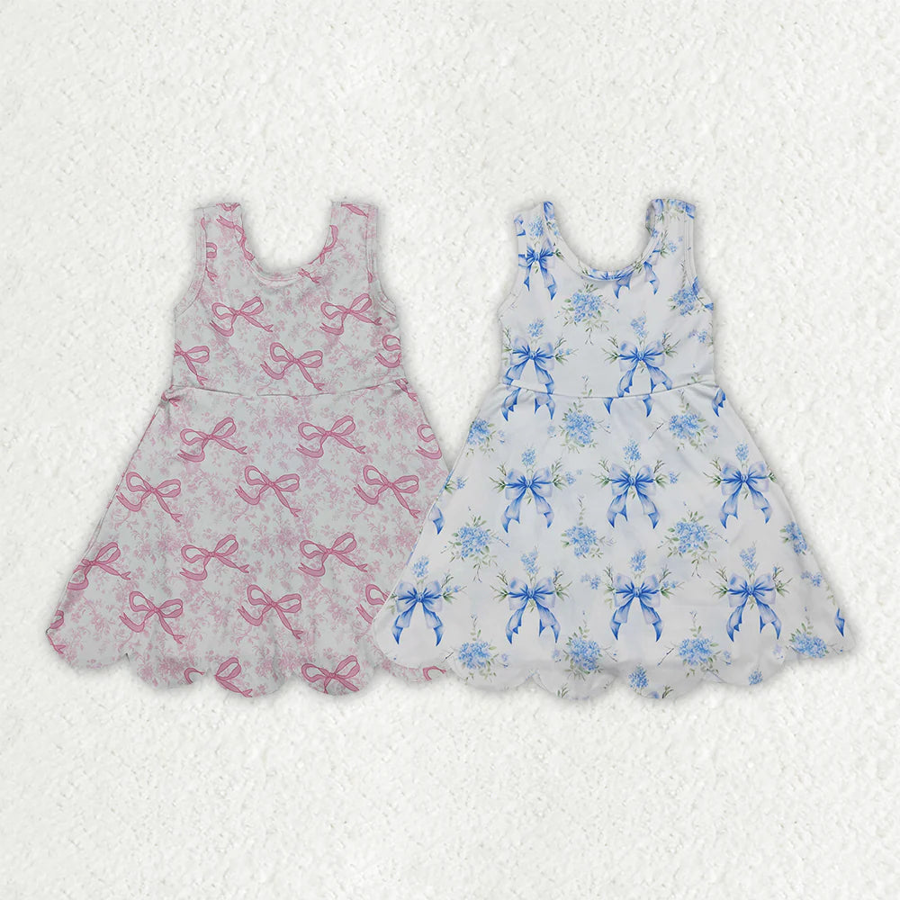 Sibling Baby Girls Kids Sleeveless Bows Floral Shorts Knee Length Dresses Clothes RTS