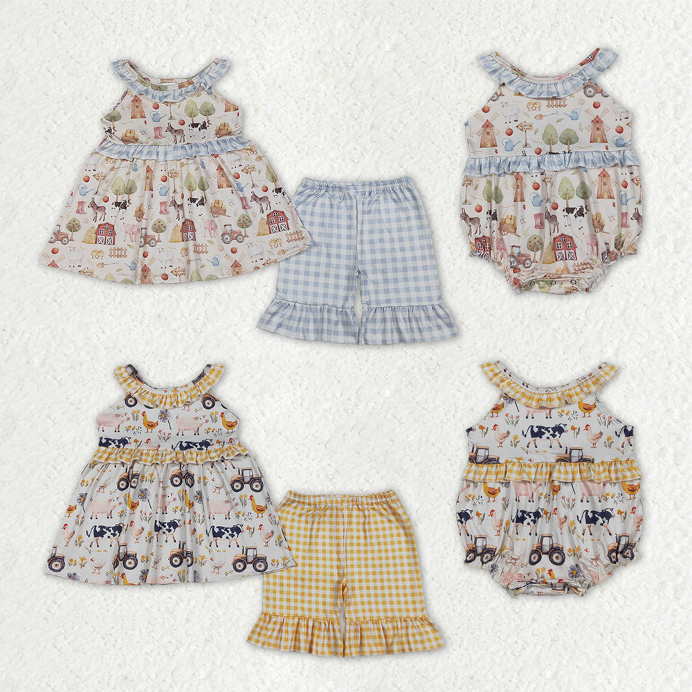 Sibling Baby Girls Kids Farm Animals Flower Tunic Ruffle Shorts Sets Rompers Clothes RTS