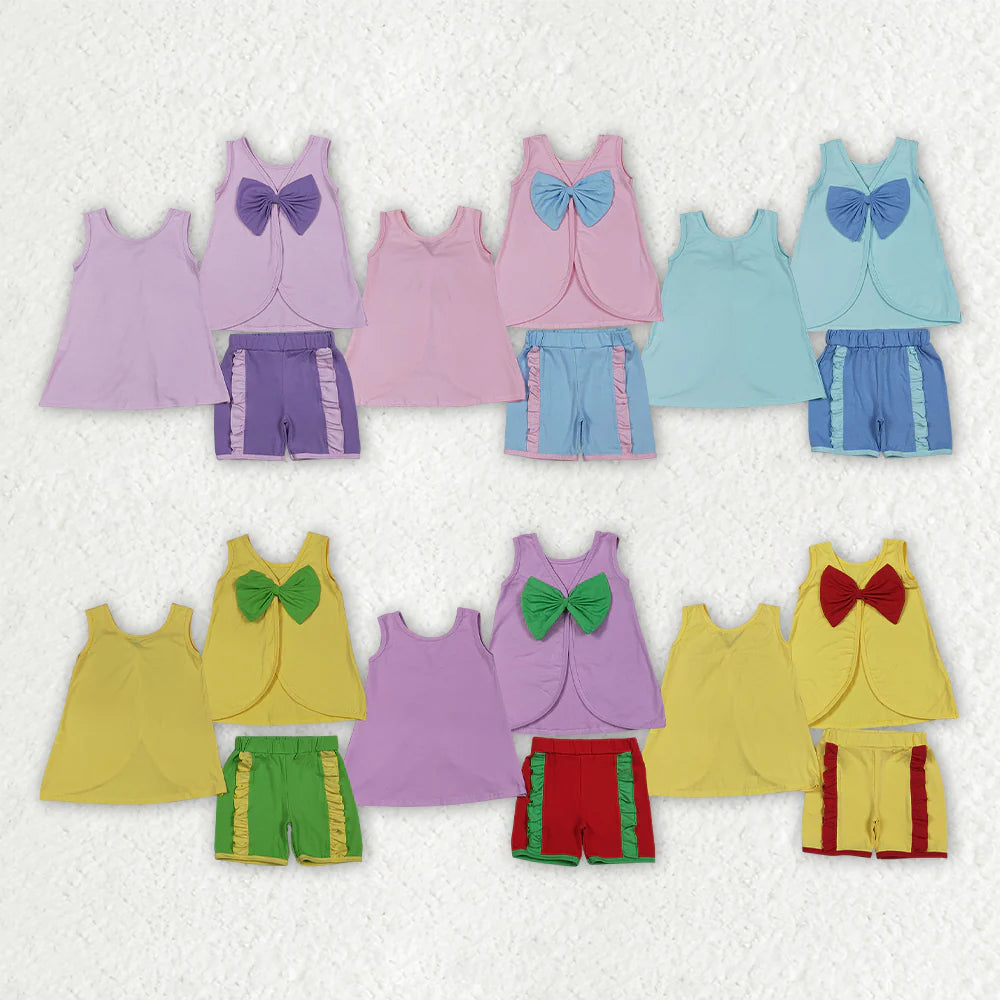 Sibling Baby Girls Kids Back Bows Tops Ruffle Shorts Summer Sets Cotton Clothes RTS