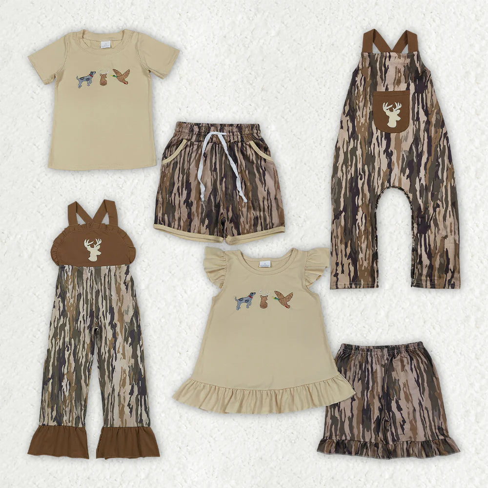 Sibling Baby Boys Girls Kids Embroidery Deer Dogs Duck Tops Camo Pockets Shorts Sets Romper Jumpsuit RTS