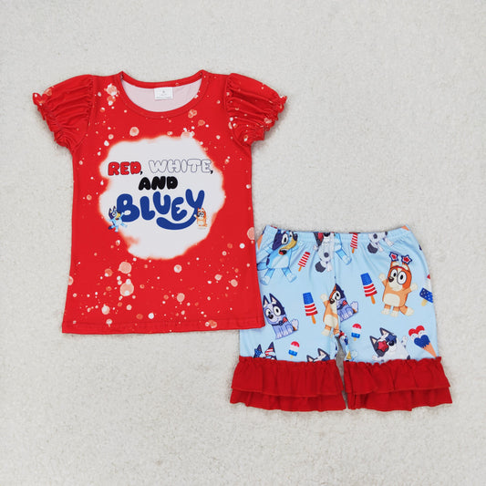 Baby Girl Short Sleeves Red Shirt Dogs Blue Shorts July 4th Set