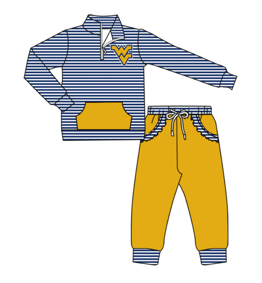 ( Moq 5 ) Baby Girls Toddler Stripes Long Sleeves Zipper Pullover Pockets Pants WV Team Clothes Outfit