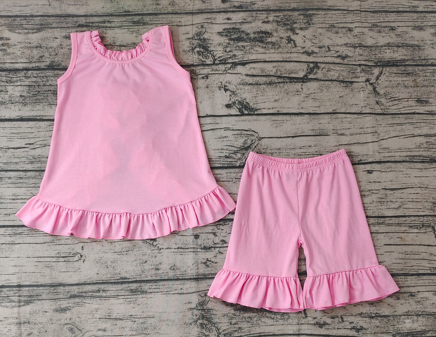 No moq Pre-order GSSO0518 Baby Girl Open Back Tops Ruffle Shorts Summer Cotton Pink Set