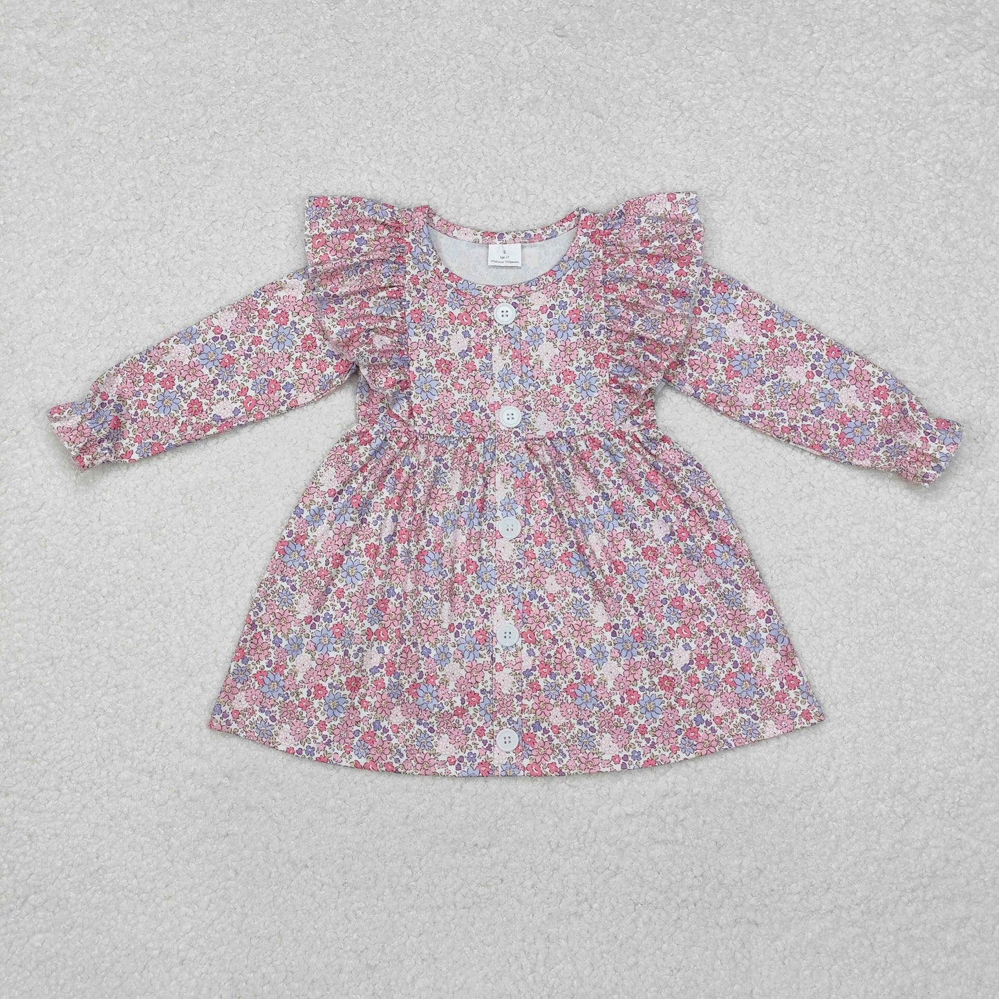 Baby Girl Long Sleeves Floral Buttons Knee Length Purple Dress