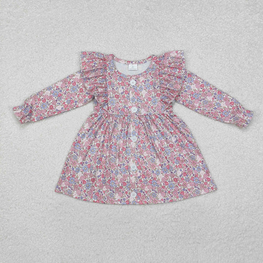 Baby Girl Long Sleeves Floral Buttons Knee Length Purple Dress