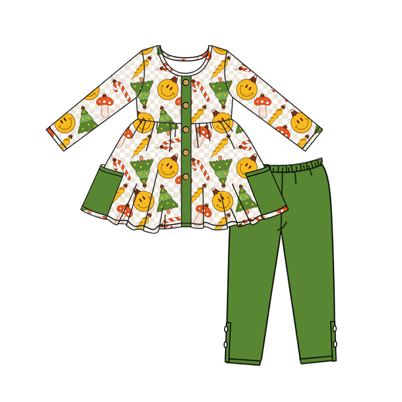 Baby Girl Christmas Tree Smile Tops Green Pants Clothes Set