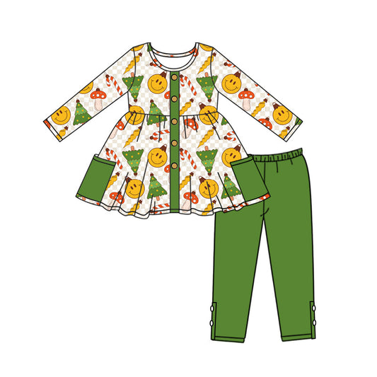 Baby Girl Christmas Tree Smile Tops Green Pants Clothes Set