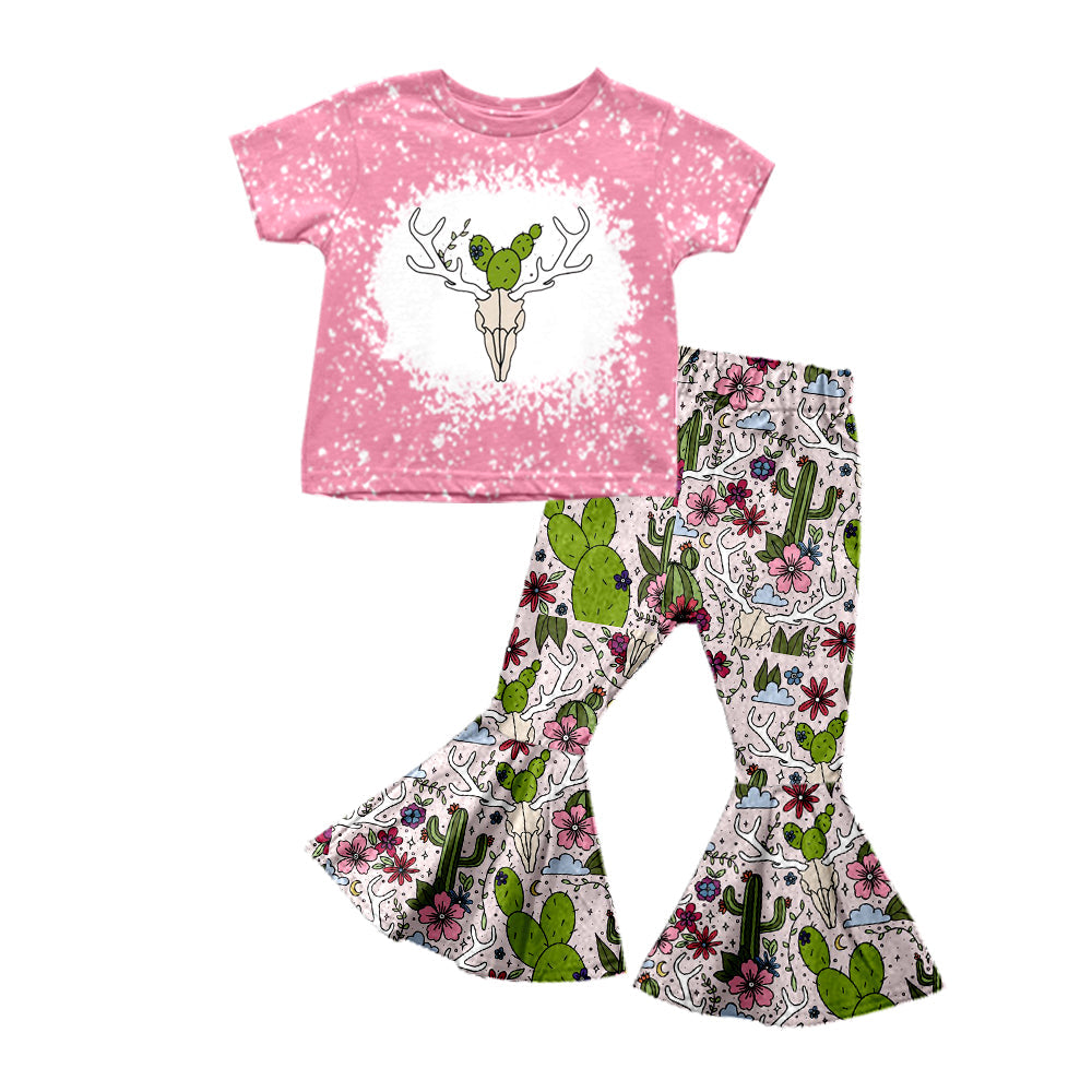 Baby Girl Western Pink Cow Cactus Shirt Bell Pants Clothes Set