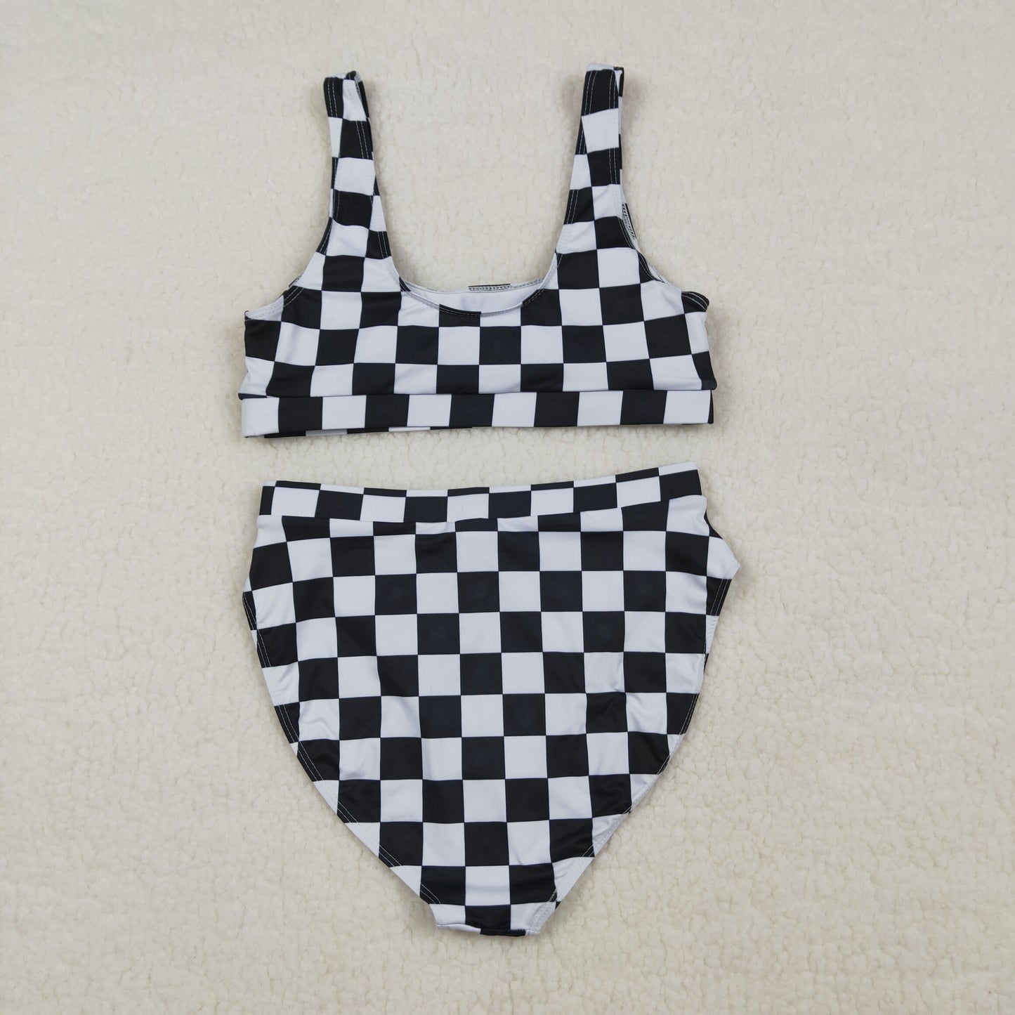 Adult Women Sleeveless Black Checked Tops Shorts Swimsuit Set RTS