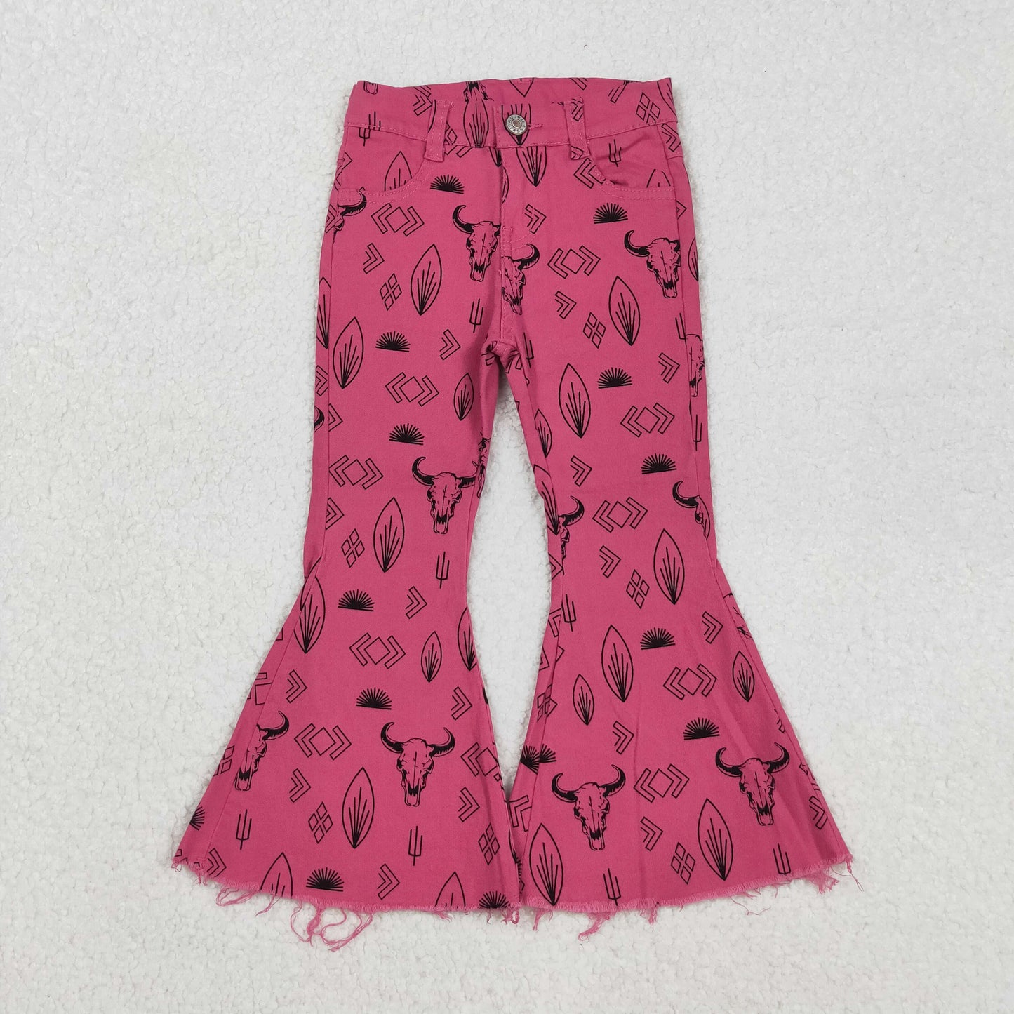 Girls Kids Pink Western Cow Cactus Denim Jeans Bell Pants RTS