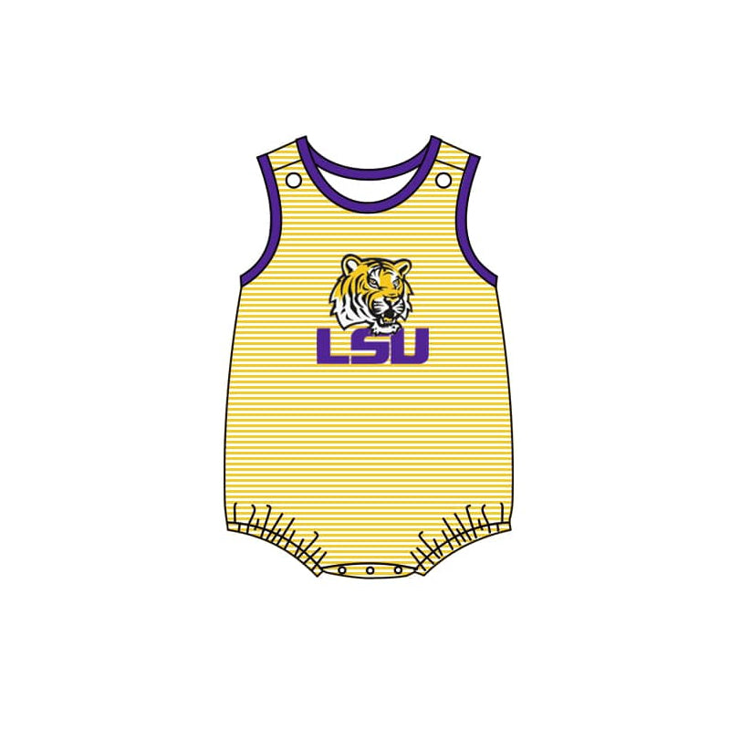 ( Moq 5 ) Baby Boy Sleeveless Stripes LSU Tiger Team Bubble Romper