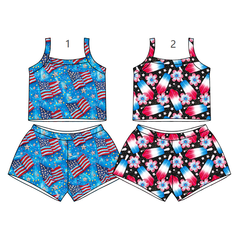 ( Moq 5 Each Style ) Sibling Baby Girls Kids Flags Popsicle Flower Shirt Shorts Sets 4th of July Clothes