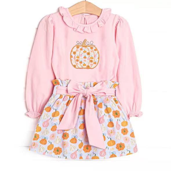 ( Moq 5 ) Preorder Baby Girls Kids Long Sleeves Pink Tops Pumpkins Bows Skirt Fall Set Clothes