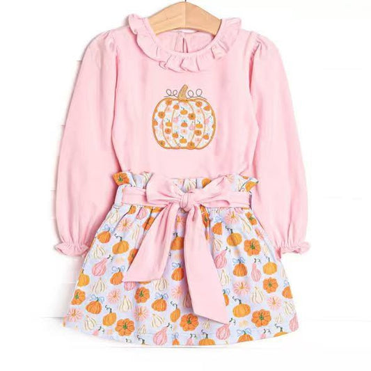 ( Moq 5 ) Preorder Baby Girls Kids Long Sleeves Pink Tops Pumpkins Bows Skirt Fall Set Clothes