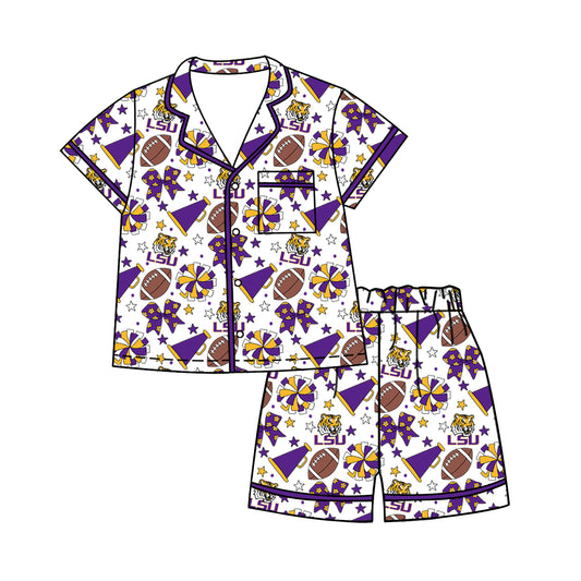 ( Moq 5 ) Baby Girls Kids Short Sleeves Tigers Bows Cheer Football Shirt Shorts Pajamas Set