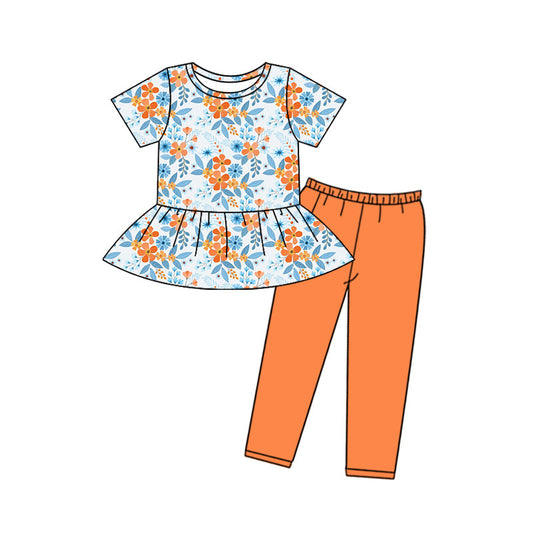 Baby Girl Short Sleeves Flower Top Orange Pants Clothes Set Moq 5